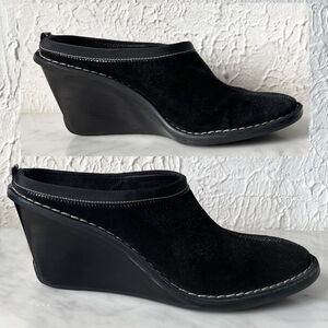 Cole Haan Black Suede White Topstitch Split Toe 3" Wedge Heel Mules - Women's 6B
